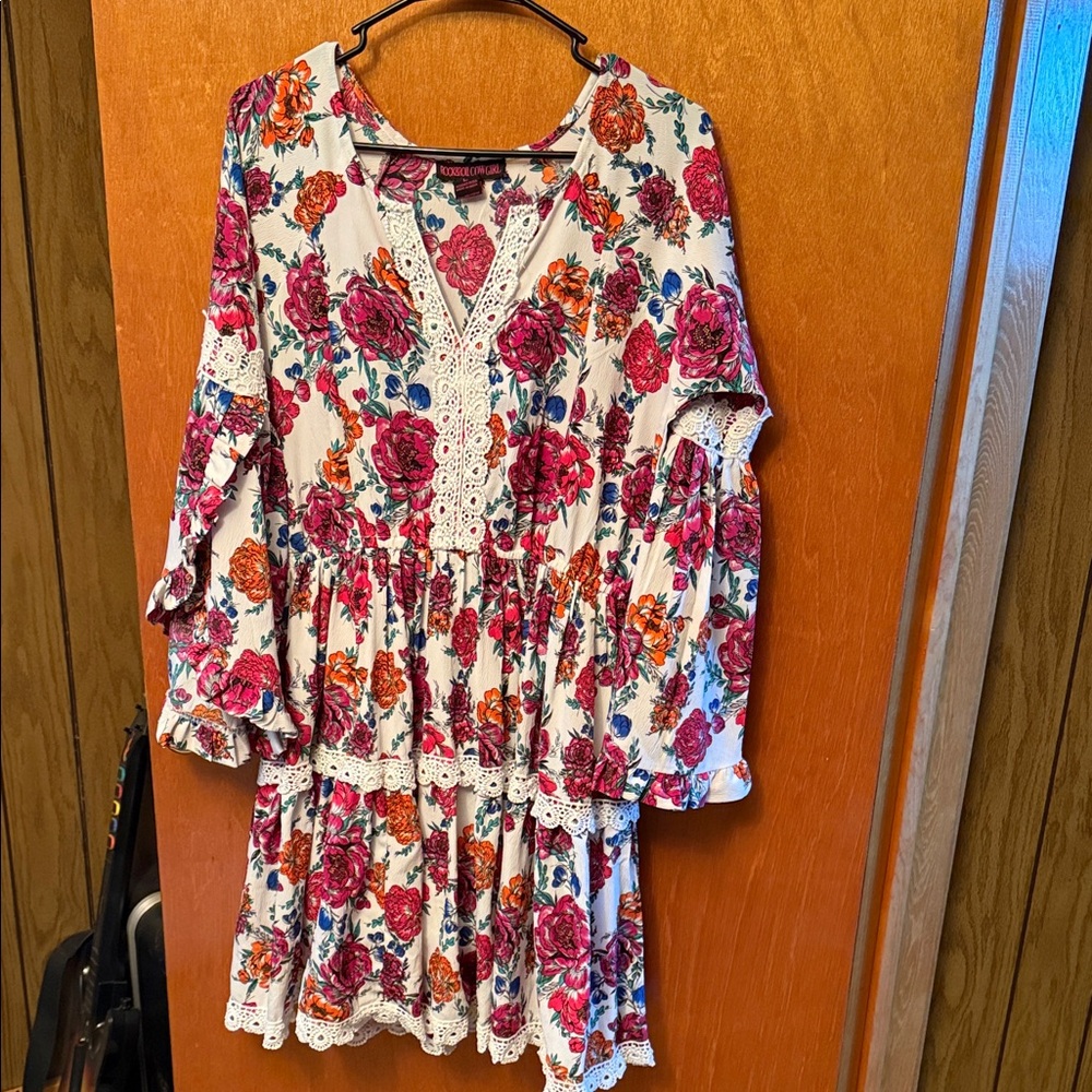 Rock & Roll Cowgirl Floral Lace-Trim Mini Dress - Pink & Orange on white